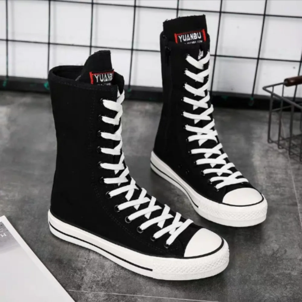 Sneaker Zone - 女性用レースアップランニングシューズ,サイドジッパー付きキャンバススニーカー,ハイトップスポーツシューズ