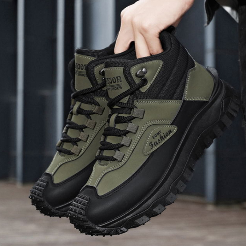 メンズ黒白ミッドトップハイキングブーツ防水レザー プラットフ - Sneaker Zone のレビューと価格