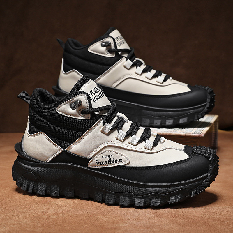メンズ黒白ミッドトップハイキングブーツ防水レザー プラットフ - Sneaker Zone のレビューと価格